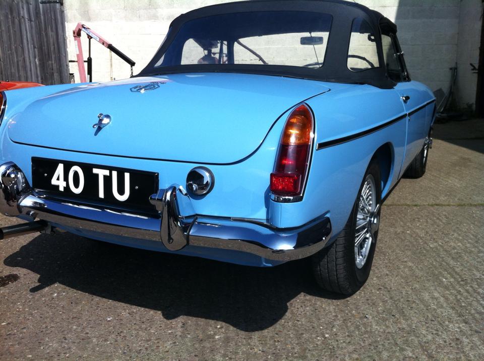 Rear exterior view of the 1962 MGB Roadster full rebuild