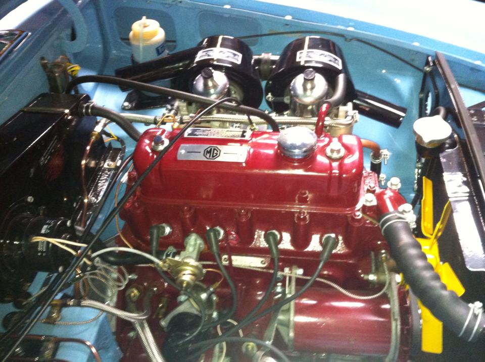 Engine bay of the 1962 MGB Roadster full rebuild